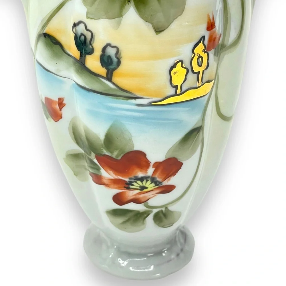 Nippon Hand-Painted Porcelian 2 Handle Vase Floral Lake  Pattern & Gold Trim
